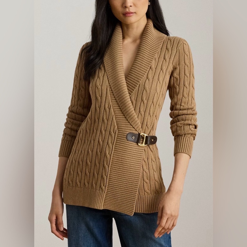 Ralph Lauren Camel Cable Knit Wrap Cardigan with Buckle